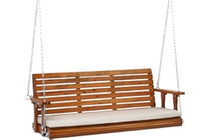 VINGLI Heavy Duty 880 LBS Patio Wooden Porch Swing Outdoor with Extra Cushion, Farmhouse Hanging Bench Tree Swing with Adjustable Chains for Yard | Garden | Lawn | Balcony (5 FT, Brown)