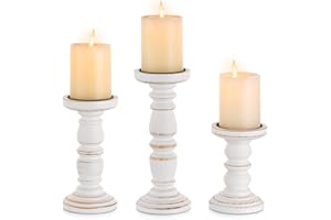 Inweder Wood Candle Holders for Pillar Candles, Solid Farmhouse Candle Holders (Set of 3), Tall Candle Holder, Stable Rustic Candle Holder for Home Decor, Fireplace, Event，White