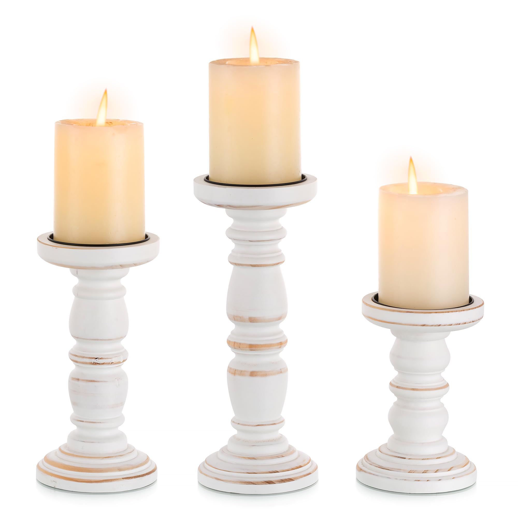 Inweder Wooden Pillar Candle Holder: Rustic White Candle Holders for Pillar Candles Farmhouse Decor for Christmas Wedding Fireplace Table Centrepieces Home