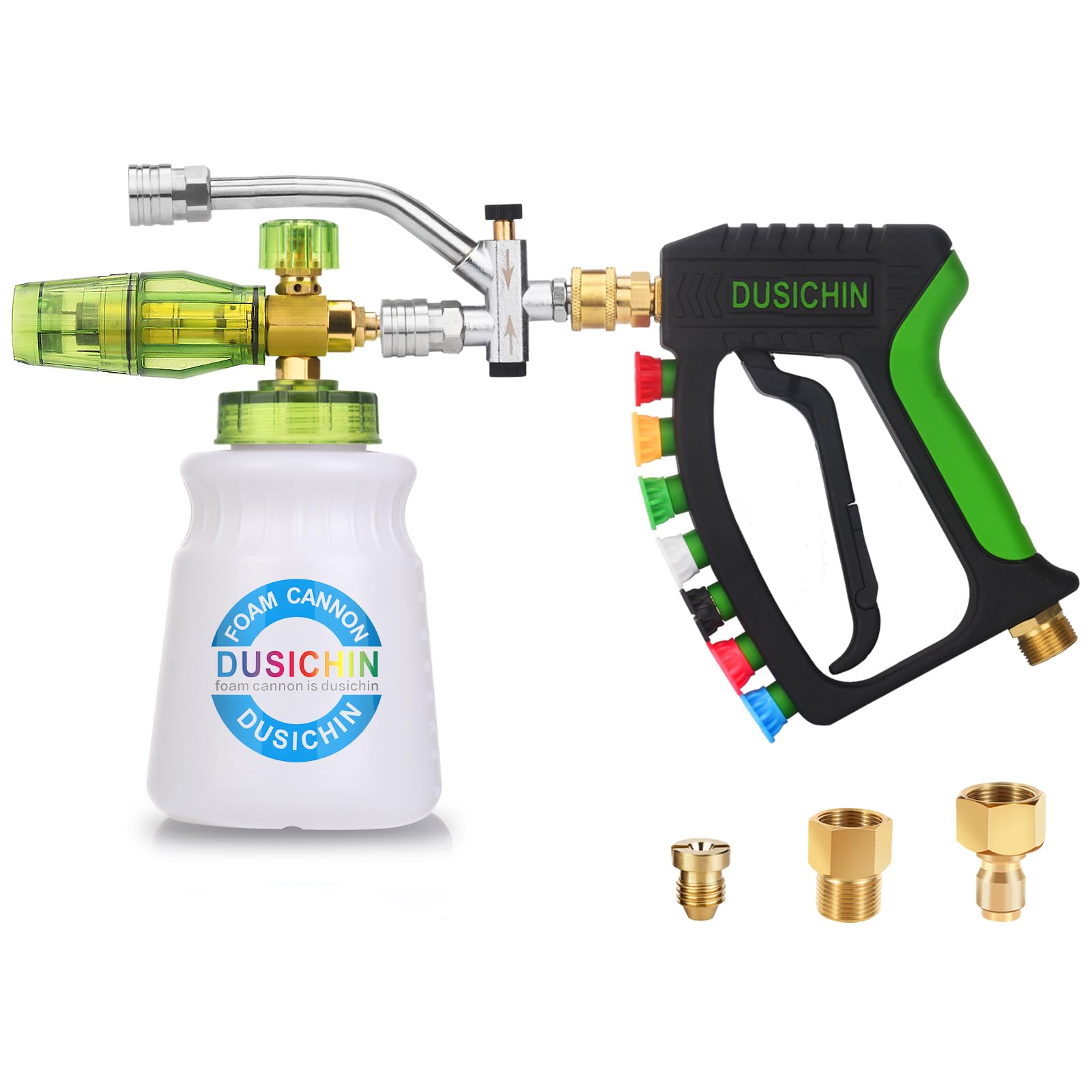 Photo 1 of DUSICHIN Foam Cannon Pressure Washer Gun Kit 4000 PSI Double Tip Attachment, Dual-Connector Accessory Soap Cannon,Car Wash Foam Gun Snow Foam Lance 1/4 Inch Quick Connector,7 Sprayer Nozzles DUS2904