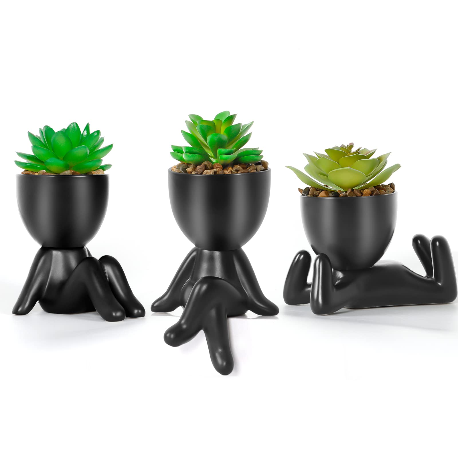 Dremisland Fake Succulents Plants Set of 3 Black Porcelain Pots with Small Artificial Plants Human Shaped Ceramic Pots Cute Faux Plant for Indoors Office Desk Shelf Decorations
