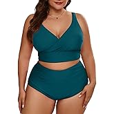 Eytino Womens Plus Size Bikini Sets High Waisted V Neck Bahting Suits Two Piece Color Block Swimsuits(1X-5X)