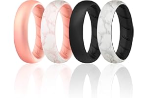 ROQ Silicone Rings for Women, Breathable Silicone Rings, Sets of 4 Bands, Unique Silicone Wedding Ring for Women, Medical Grade Silicone Rubber Band - Black, Rose Gold, Marble Colors - Size 5