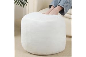 Yueyocici Round Stuffed Pouf Ottoman, Long Faux Fur Poufs with Foam Chunk Filling,20 X 15 Floor Poufs Foot Rest for Living Room,Beige