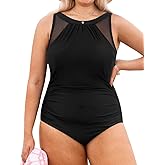 CUPSHE Plus Size Women‘s One Piece Swimsuit High Neck Adjustable Straps Mesh Bathing Suit Low Back Swimwear