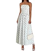 Wenrine Womens Polka Dot Strapless Dress Summer Smocked Tube Top Casual Sleeveless Swing Flowy Maxi Dresses with Pockets
