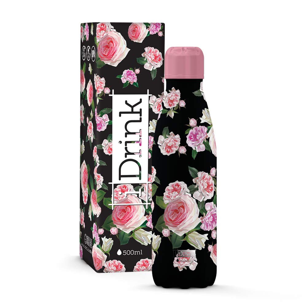 IDRINK Double Wall Steel Thermal Bottle 350/500/750/1.000 ML, Decorated (500 ML, Roses)