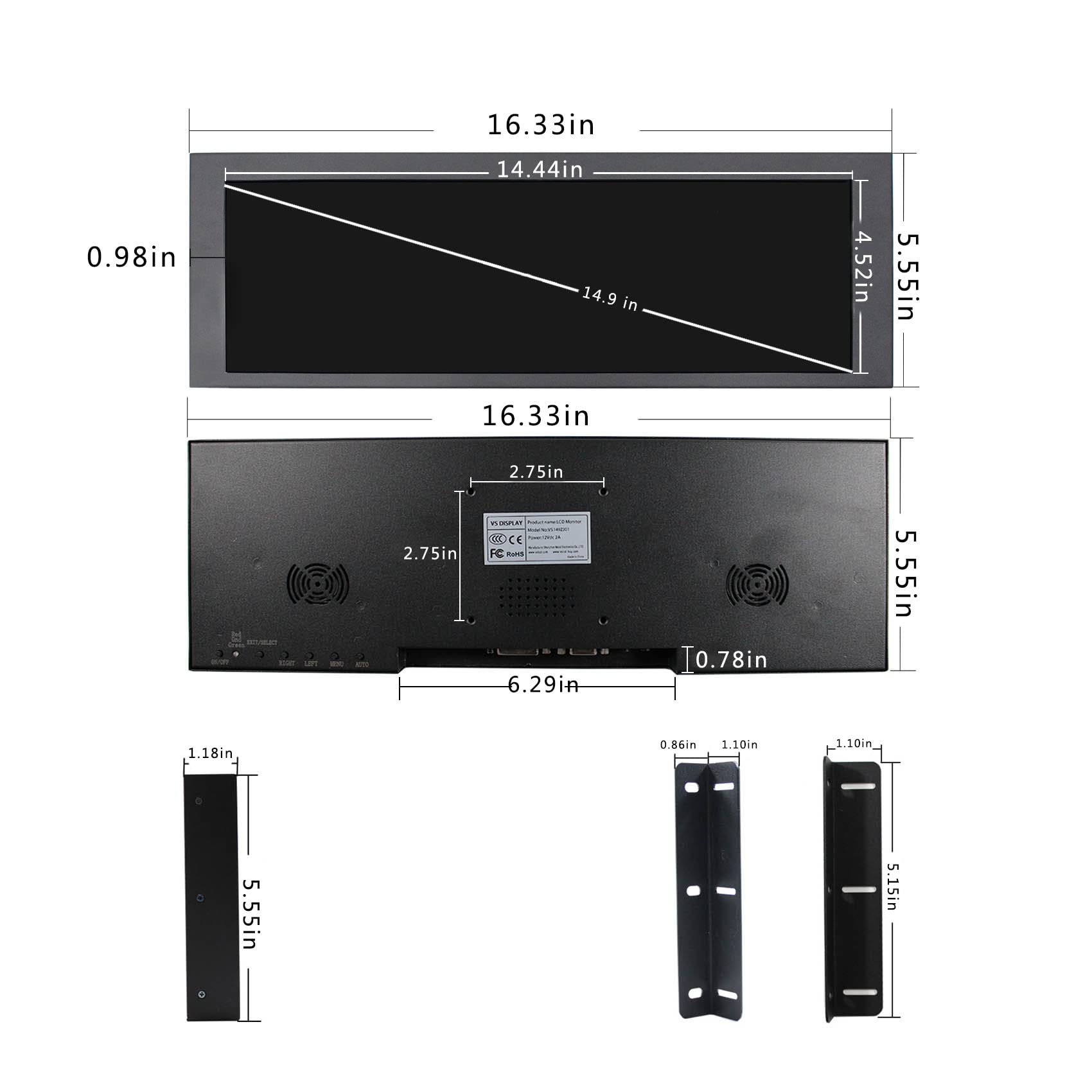 VSDISPLAY 14.9inch 1280x390 LCD Monitor VS149ZJ01,which with Screen LTA149B780F and DVI VGA Input Controller Board M.NT68676, as a bar Display Monitor/Advertising Screen