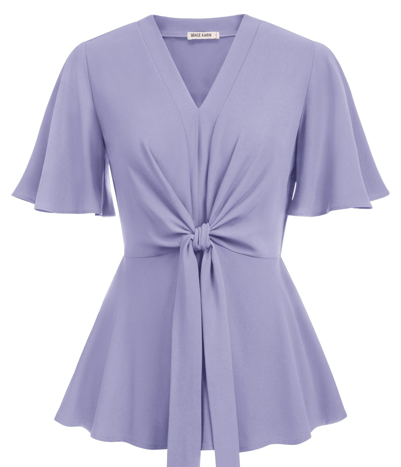 Photo 1 of Women's Lilac Peplum Tops V Neck Bell Sleeve Tops Tie Front Elegant Work Blouses M