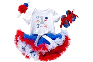 OWLFAY 4th of July Baby Girl Birthday Outfit American Flag Romper+Ruffle Tulle Skirt+Headband+Shoes Independence Day 4pcs Set