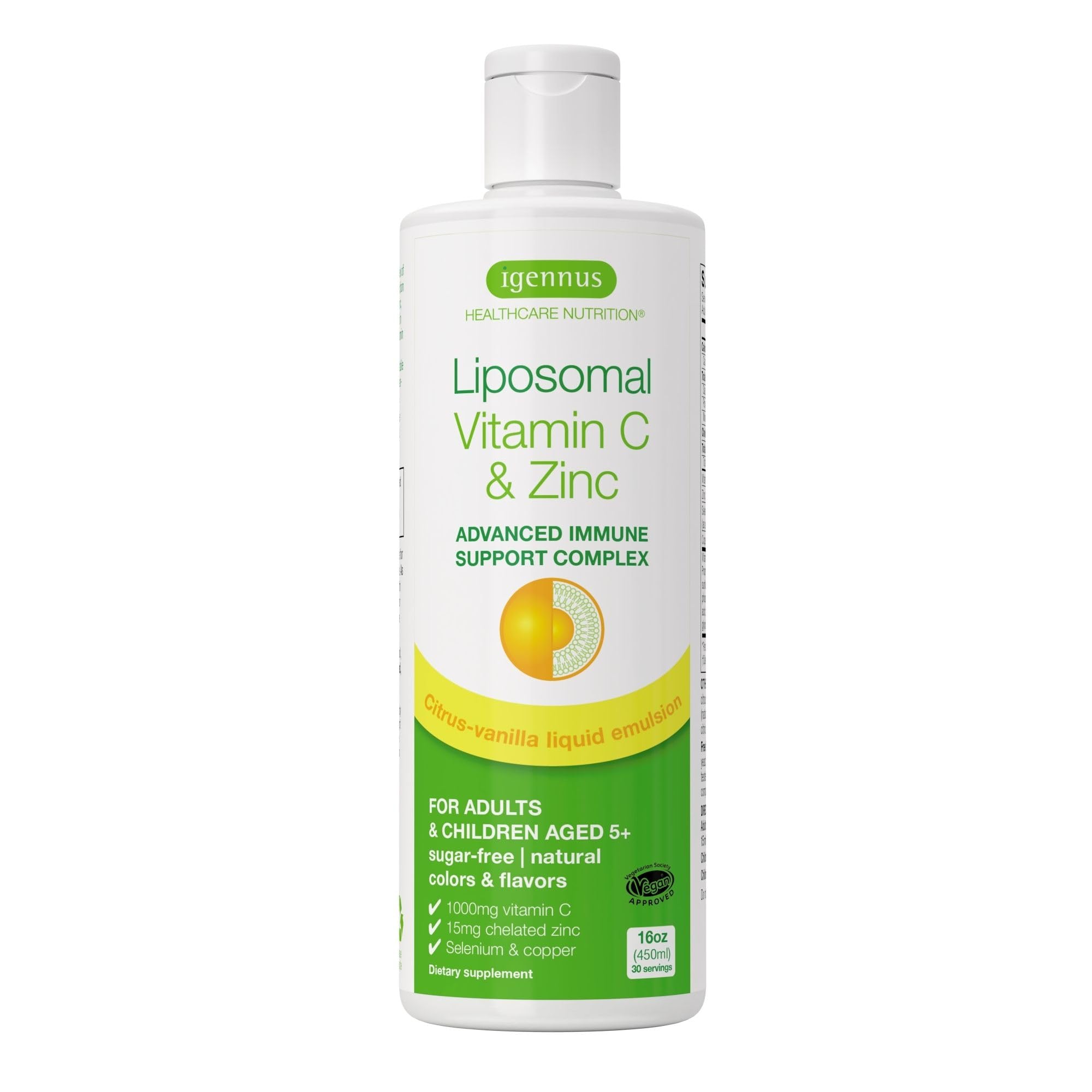 High Absorption Liposomal Vitamin C 1000mg & Zinc Bisglycinate, 30-90 Servings, Liquid Immune Support for Adults & Kids 5+, Non-GMO, Sugar-Free, Citrus & Vanilla Flavor, by Igennus