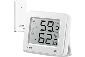 OBET Outdoor Thermometer Wireless Indoor Outdoor Digital Thermometer Greenhouse Thermometer Remote Temperature Monitor for House Home Room Patio B61-White