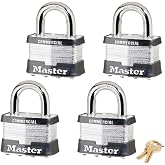 Master Lock Padlock - 2" W Body x 1" L Shackle, Four (4) Keyed Alike Locks w/8 Keys, 5 NKA-4 w/Bump Stop Technology