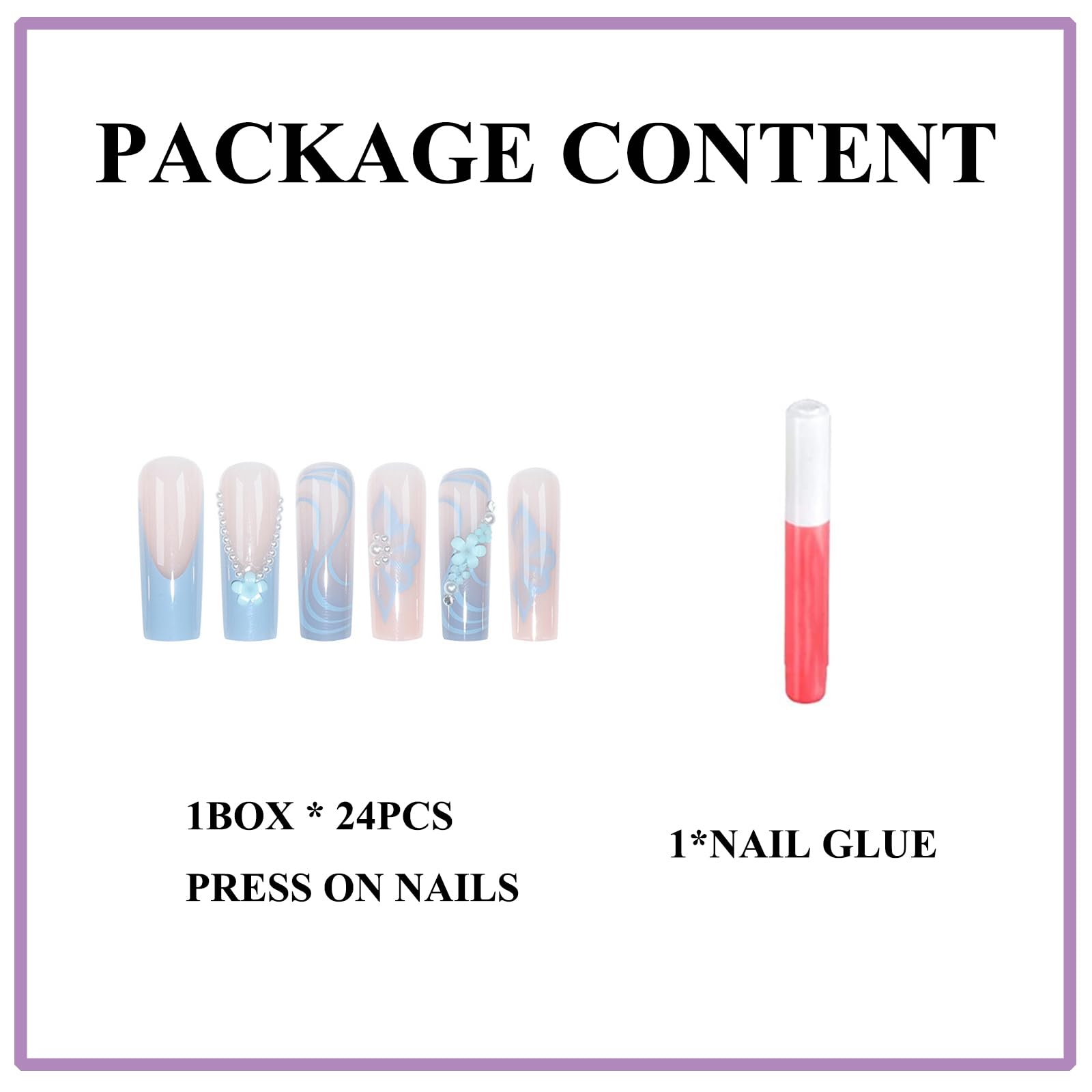 MERVF Long Square Press on Nails Blue French Tip Fake Nails Press ons with 3D Flower Design Glue on Nails Squoval Pearls Acrylic Nails Spring Glossy 24pcs False Nails - Image 4