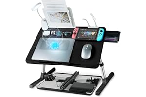 iXTRA Laptop Lap Desk with Cooling Fan - Adjustable with Light, USB, Storage Drawer - Folding Bed Desk,22.04"*12.59",Black