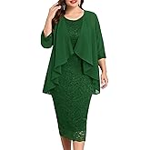 TIARALY Formal Plus Size Mother of The Bride 2 Piece Suit Lace Dress with Chiffon Jacket Set Wedding Guest, Dark Green, 2X