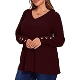 MONNURO Womens Plus Size Tops V Neck Long Sleeve Button Lightweight Tunic Sweaters Shirts Loose Fit