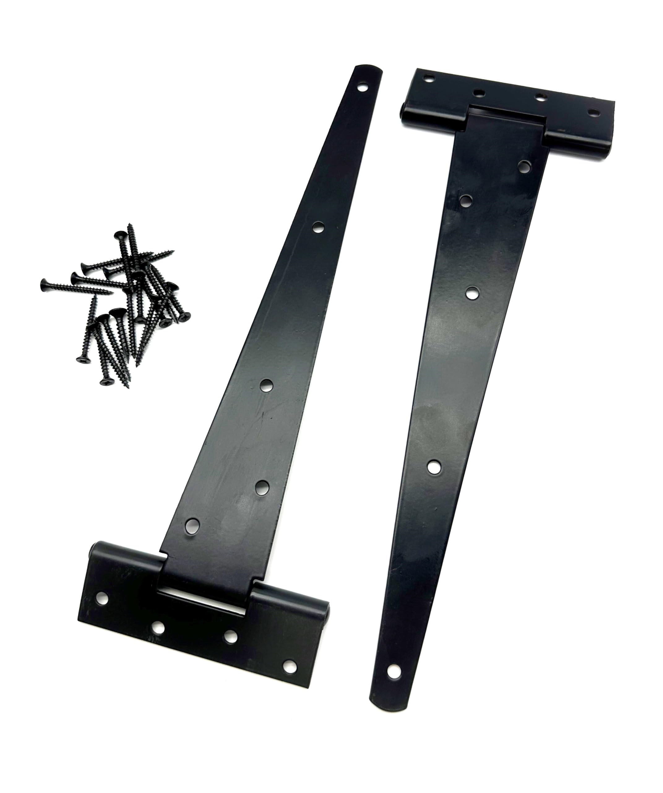 2PK Heavy Duty Black Tee Hinges with Fixings. Strong T-Hinges for Garden Gates, Sheds and Doors. Japanned Corrosion and Weather Resistant External Hinge Pack of 2 with Screws.