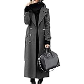 ebossy Women‘s Winter Double Breasted Wool Coat Elegant Notched Lapel Belted Mid Long Pea Trench Coat