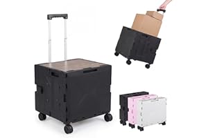 Goplus Foldable Utility Cart on 4 Rotate Wheels, Collapsible Tool Box Shopping Trolley with Telescoping Handle, Lid & Cup Hol