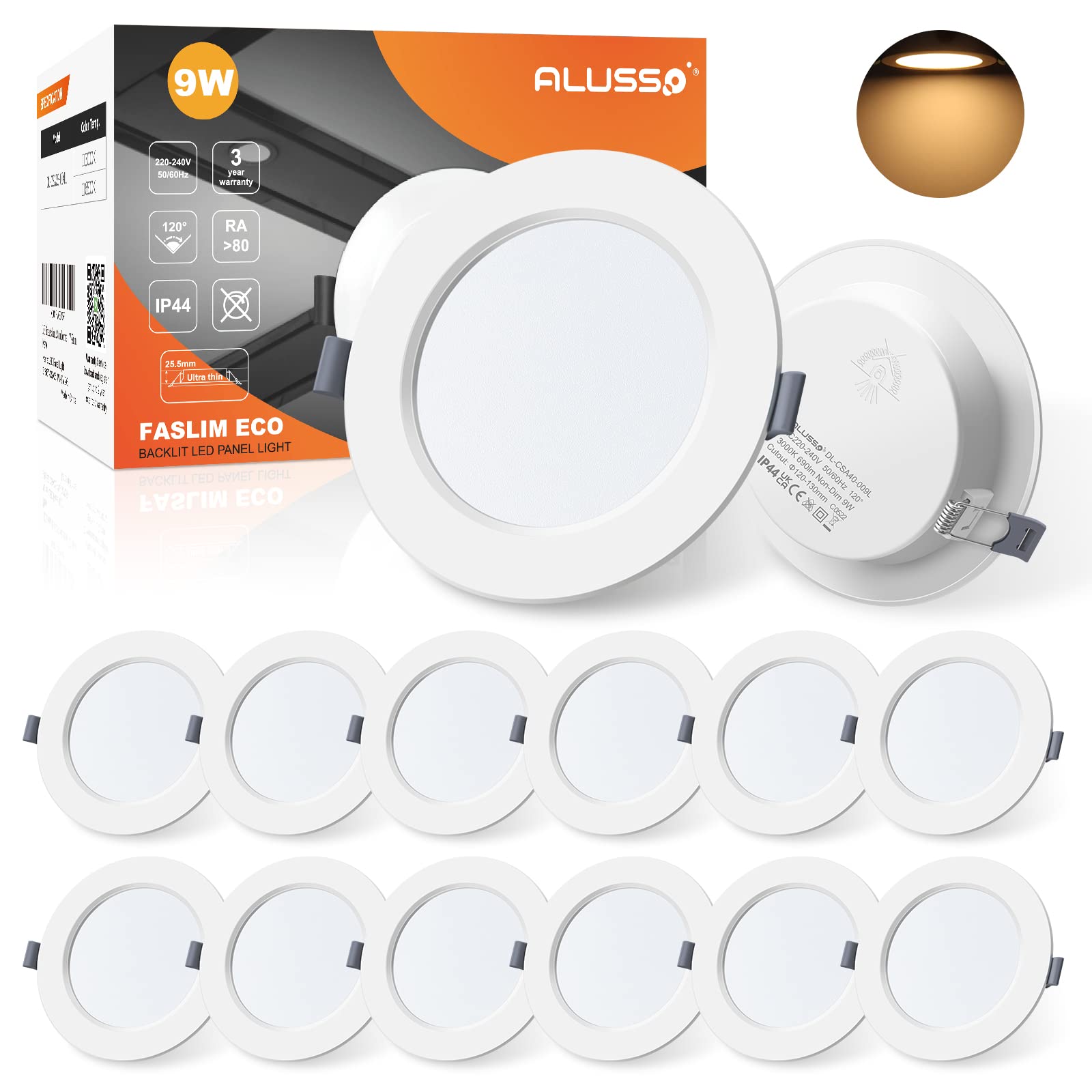 ALUSSO 9W LED Slim Downlights Ceiling 3000K Warm White Recessed Ceiling Lights IP44 Bathroom Spotlights, 12 Pack
