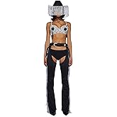 Dolls Kill Giddy Up Rhinestone Cowgirl Costume by Trickz N’ Treatz – Women’s Sequin Bra Top with Fringe Chaps & Hat