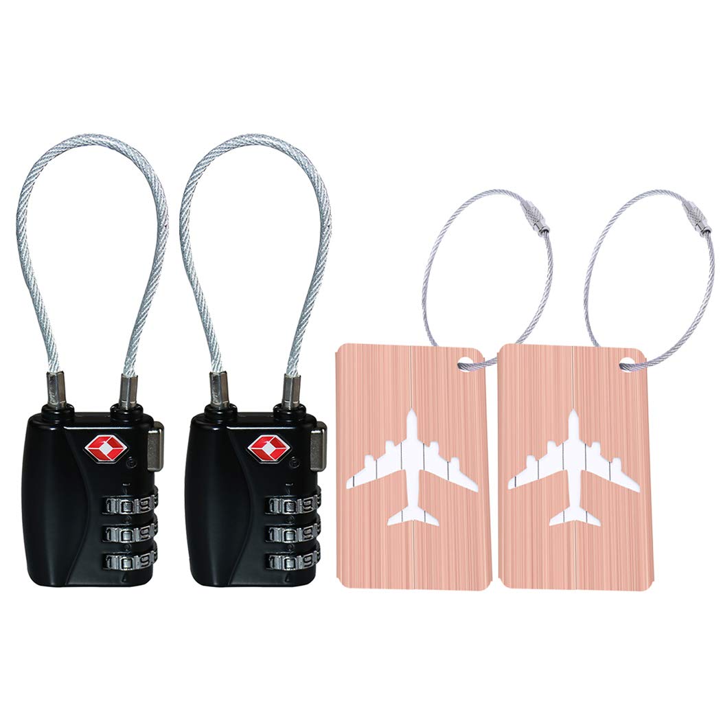 2 Pack TSA Luggage Lock and 2 Pack Aluminium Metal Luggage Tags, Mini Combination Password and Suitcase Card Holder Bag Tag Name Address ID Bag Label with Key Ring