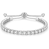 Cranmadia Valentines Day Gifts Sterling Silver Birthstone Tennis Bracelets for Women 4mm Tennis Bolo Bracelet Fashion Jewelry Birthday Gifts for Women Wife Mom Her | Adjustable Size 9"