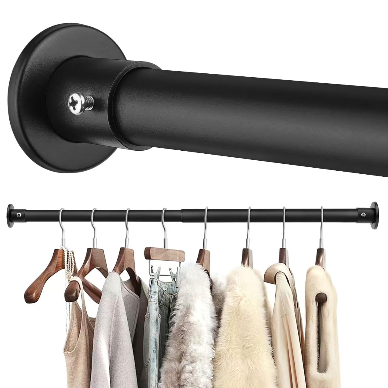 Photo 1 of Closet Rods For Hanging Clothes, 17-76 Inch Adjustable Closet Rod, Stainless Steel Heavy Duty Closet Hanging Rod-Black