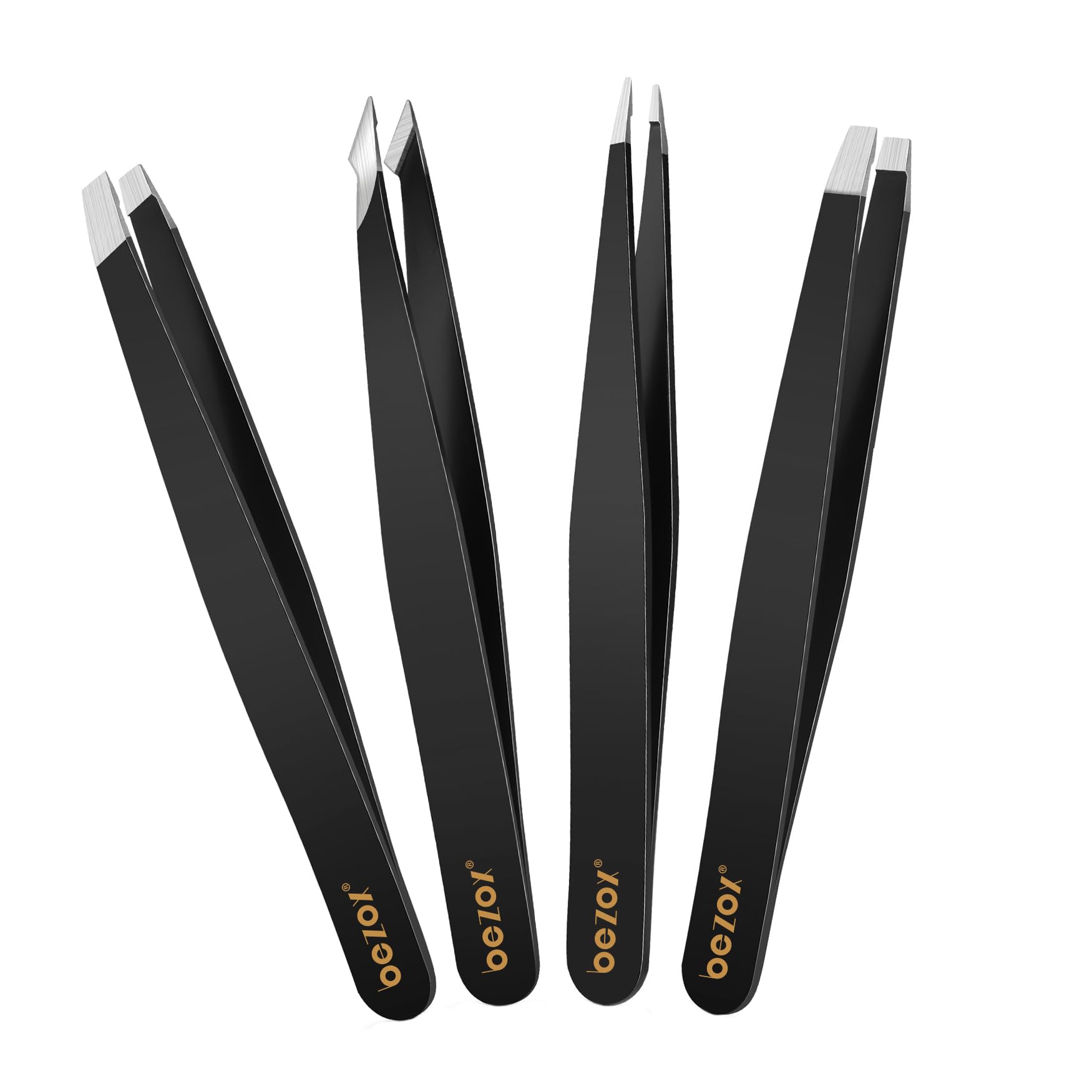 BEZOX Premium Tweezers Set 4pcs - Stainless Steel Tweezers Precision for Eyebrow Picking Face Hair Removal Multifunctional Tweezers for Ingrown Hair, Facial Hair, Splinters, Blackheads