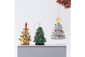 B SEPOR Set of 3 Mini 4.5" Inch Nostalgic LED Ceramic Christmas Tree with Lights Xmas Tree That Light Up Hanging Ornaments White Golden Green Assorted for Holiday Decoration and Gifts