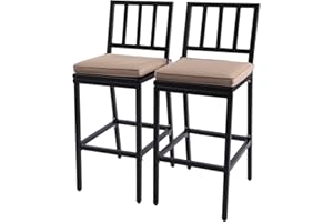 ONLYCTR Metal Dining Bar Stools, Outdoor Bar Height Stool, Indoor Outdoor Stools with High Back & Cushions, Black Matte Finish, 29" Barstools for Patio, Bistro(2 Slat back stools with cushions, Black)
