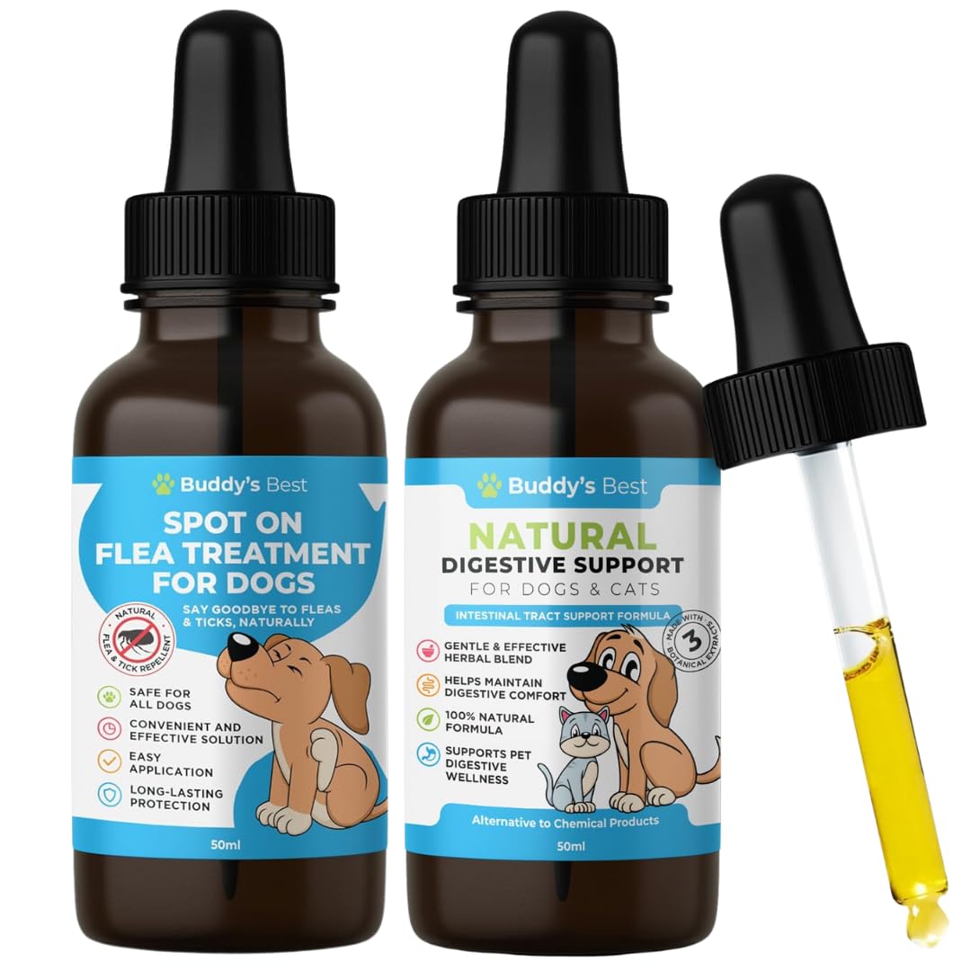 Natural Intestinal & Flea Support Bundle for Dogs & Cats | 50ml Digestive Supplement & Spot-On Flea Treatment | Plant-Based Formula with Essential Oils | Easy Application | All Breeds & Ages