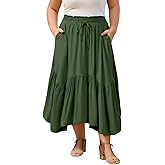 Moon Wood Women's Plus Size Maxi Skirt High Waisted Ruffle A-Line Renaissance Asymmetric Skirts with Pockets for Beach Travel