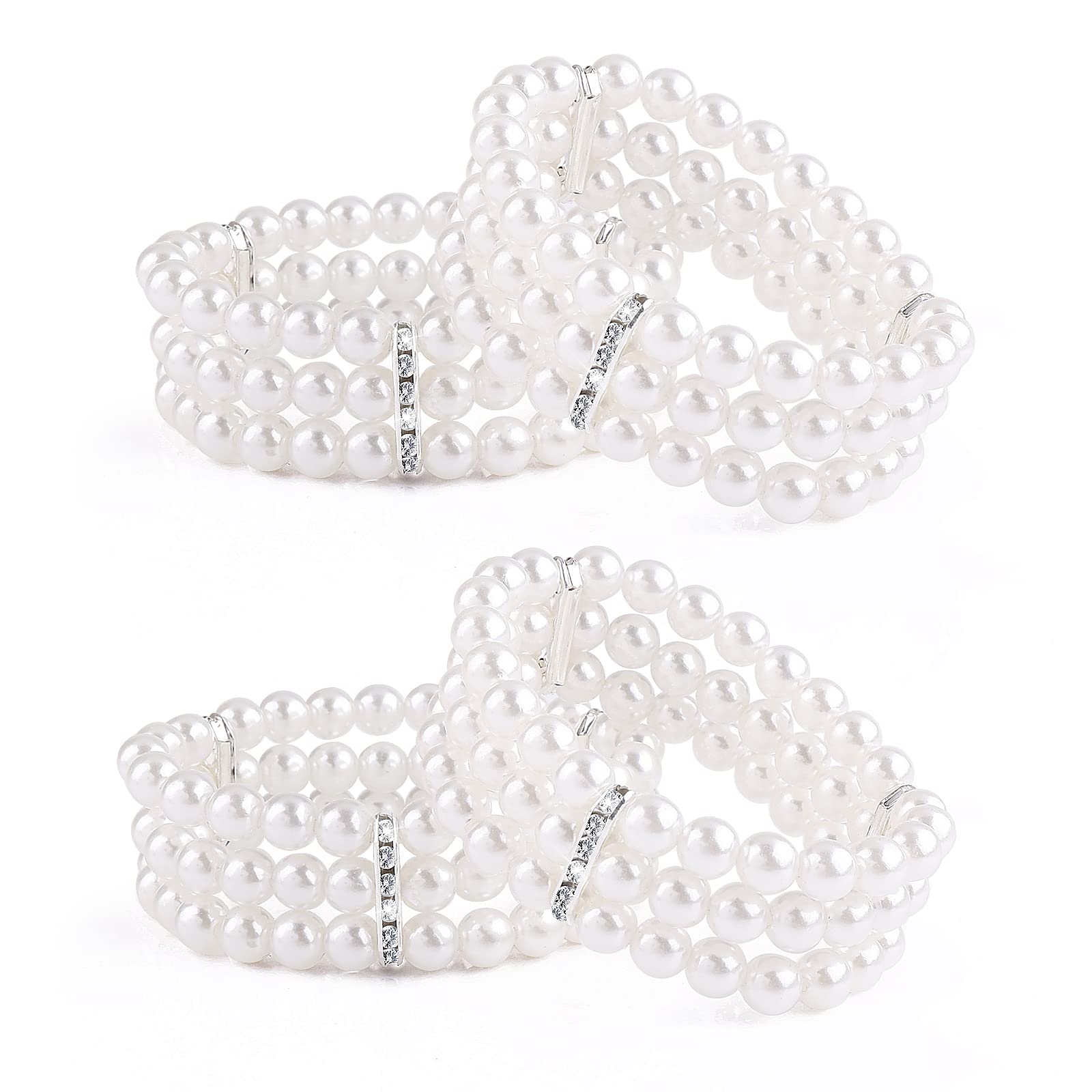 4PCS 3-Row Faux Pearl Bracelet Elastic Simulated Pearl Bracelet Anniversary Wedding Birthday Gift Wedding Jewelry for Women Girls