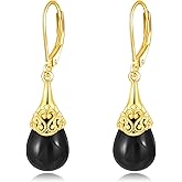 Black Onyx Drop Earrings for Women 925 Sterling Silver Boho Filigree Leverback Dangle Earrings Gold Plating Vintage Jewelry Gift