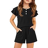 Arshiner Girls Summer Outfits 2 Piece Sets Ruffle Short Sleeve Button Down Shirts and Shorts Set Kids Clothes with Pockets