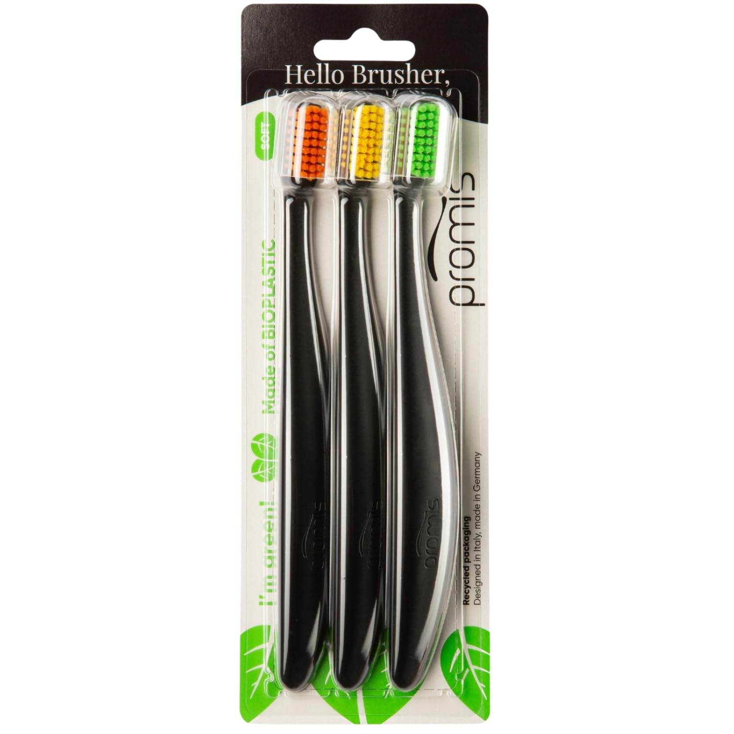 promis Brush Sustainable Toothbrush Made from Renewable raw Materials | bioplastic | Soft 6750 bristles | Recycled Packaging | Made in Germany | Italian Design | Ergonomic Handle (triopack, Black)