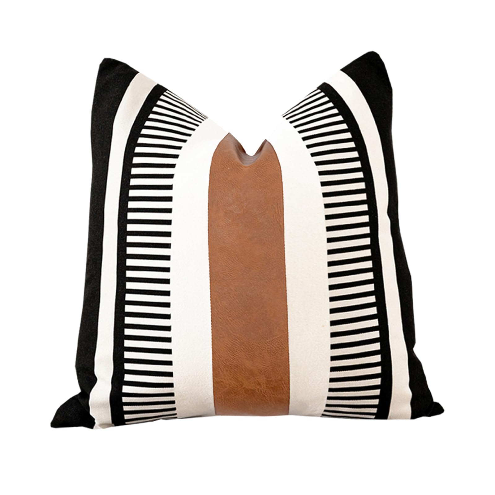 Vfuty Black White Boho Pillow Cover with Leather Modern Couch Cushion Cover 22x22 inch Farmhouse Stripe Pillowcase for Couch Bed, Black
