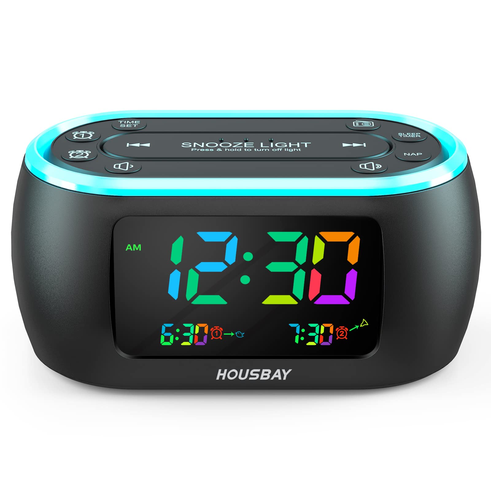 HOUSBAY 3 in 1 Alarm Clock for Bedrooms- Clock Radio & Night Light, Rainbow Digit, Dual Alarm, Small Radio Alarm Clock for Kids, Teens