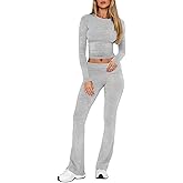 AGECODE 2 Piece Outfits Lounge Sets for Women Ruched Long Sleeve Tops Flare Yoga Pants Tracksuit Workout Sets