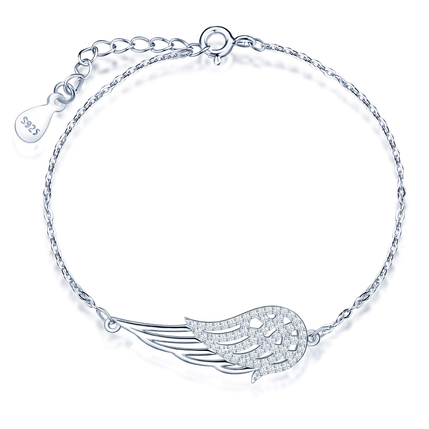 MicLee Woman's girl's Bracelet in 925 Sterling Silver, Angel wings bracelet, beautiful feather shape, decorated with zircon, gift for Birthday, Valentine's Day and Christmas