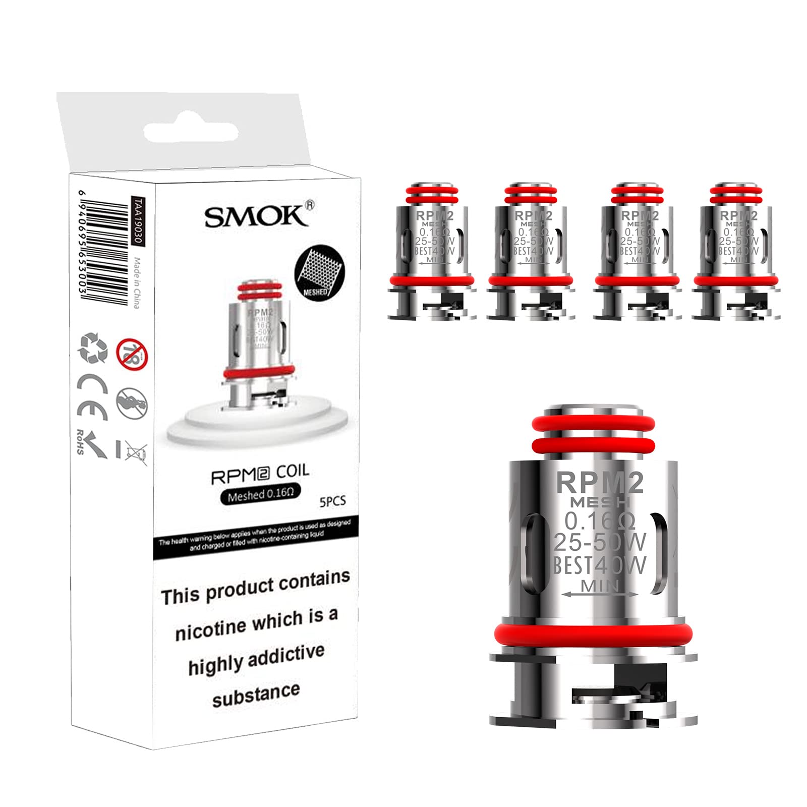 SMOK RPM 2 Coils 0.16 Ohm [Pack of 5] - High Performance Mesh Coil, Rich Flavour, Dense Vapour Production, Replacement For RPMC, IPX80, Nord4, RPM2 Kit, No Nicotine