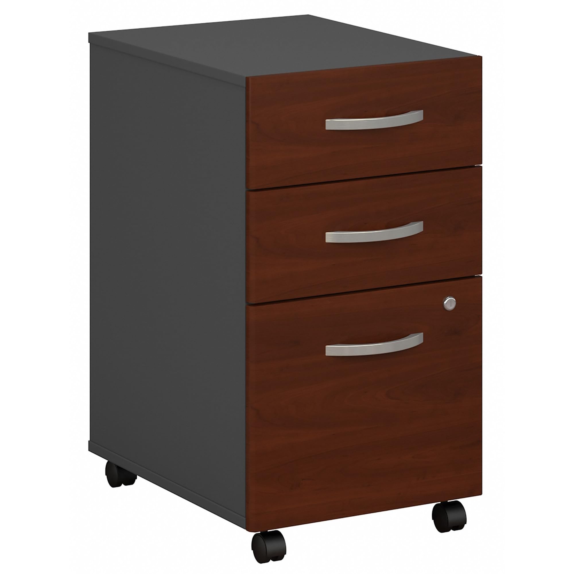 Photo 1 of ***THIS IS USED AND MISSES PARTS SO IT IS NOT KNOWN IF IT WORKS AT 100%****Bush Business Furniture Components 21" D Vertical 3-Drawer Mobile File Cabinet, Hansen Cherry/Graphite Gray, Standard Delivery