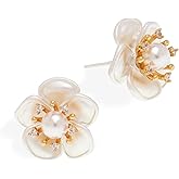 Jean Beau White Pearl Flower Stud Earrings for Women Cute 925 Sterling Silver Hypoallergenic Small CZ Floral Earrings Fashion Outfit Accessories Jewelry Gift