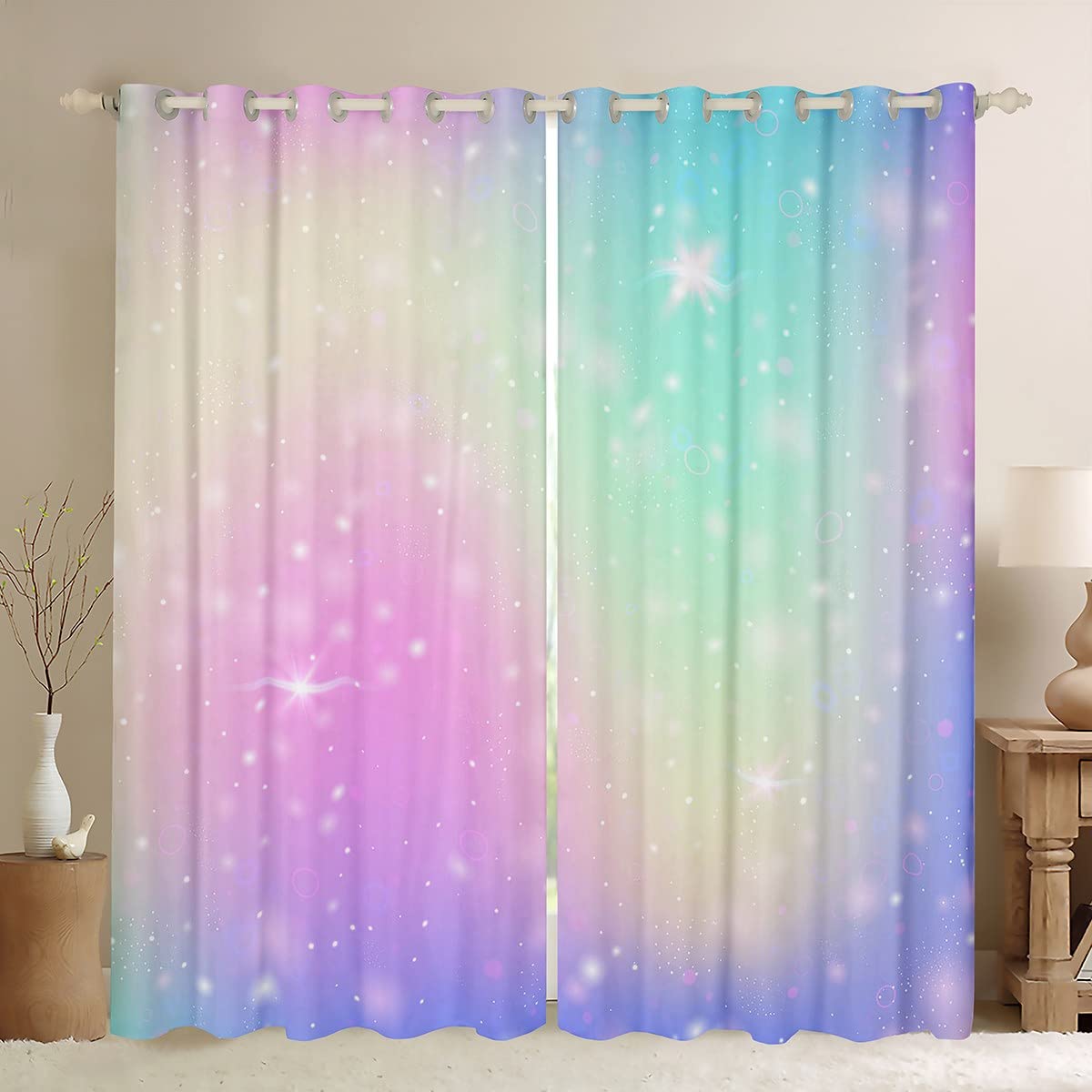 Homemissing Gradient Blackout Curtains(30%-50%) Purple Green Dreamy Gradient Curtain Galaxy Ombre Window Dreapes for Bedroom Children Fairy Window Treatments W52*L63