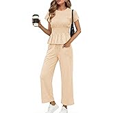 Cicy Bell Womens 2 Piece Outfits Smocked Short Sleeve Tops Wide Leg Elastic Waist Pants Casual Boho Lounge Matching Sets