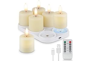 Rhytsing 6 Rechargeable Flameless Votive Candles with Timer for Home Decor, Led Faux Battery Operated Tealight Candles with Magnetic Charging Base, Type-C USB Cable, Remote Included-D1.6 X H2.7 inches