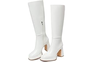 EQAUDES Platform Knee High Square Toe Fashion Fall Goth Tall Long Boots with Zipper Combat Wide Calf Dress Party Club Shoes Motorcycle