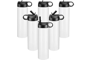 OFFNOVA Sublimation Water Bottle Blanks, 20 oz Skinny Straight Sublimation Tumbler with Handle & Straw Lid, Stainless Steel Sports Bottles Blanks for Tumbler Press Machine Sublimation Print 6 Pack
